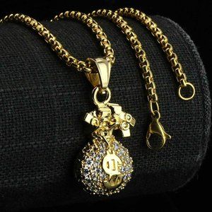 14k Gold Money Bag 24" Box Chain + Pendant